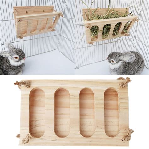 Rabbit Wooden Hay Rack Manger Multi Functional Grass Holder Hamster Food Feeder Bowl for Small ...