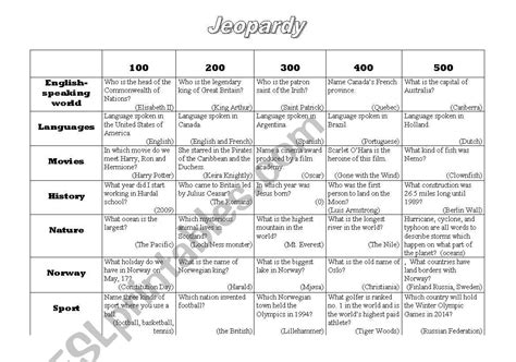 Jeopardy trivia game - ESL worksheet by twin_sister1
