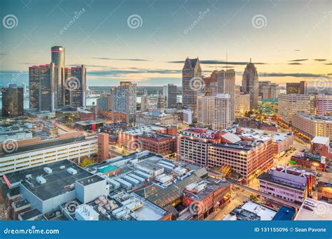 Detroit, Michigan, USA Downtown Skyline at Dusk Stock Photo - Image of ...