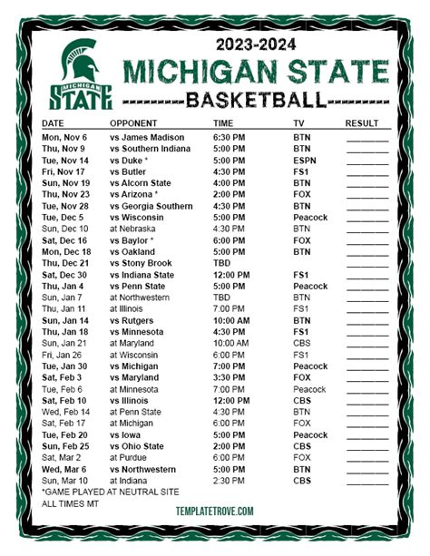 Printable 2023-2024 Michigan State Spartans Basketball Schedule