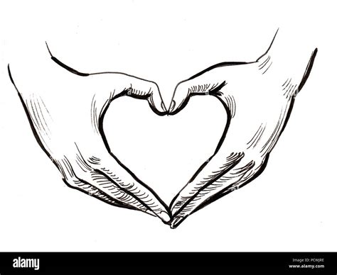 hands making heart shape. Ink black and white drawing Stock Photo - Alamy