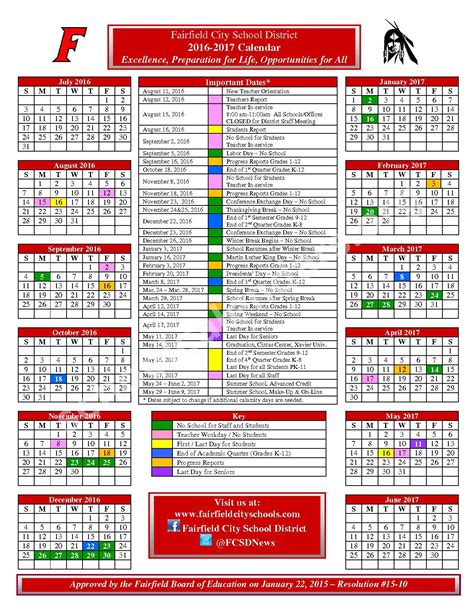 2016 - 2017 District Calendar | Fairfield East Elementary School ...