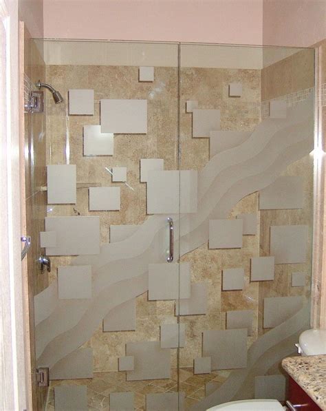 etched glass shower with squares pattern and wave Entry Doors With Glass, Glass Shower Doors ...