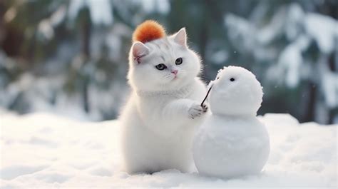 Premium AI Image | A kitten enthusiastically creating a snowman