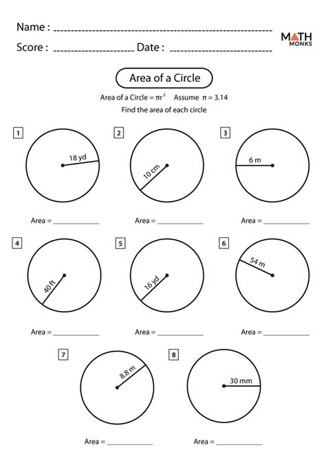 Area Of A Circle Worksheets