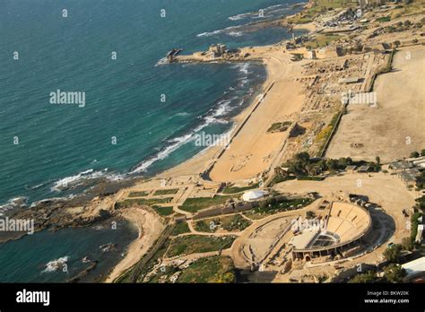 Israel, Sharon region, an aerial view of Caesarea Maritama Stock Photo ...