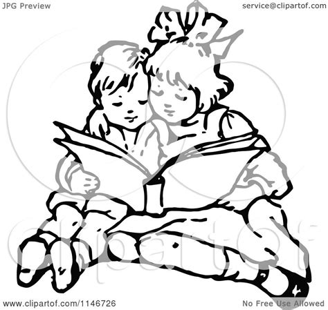 Clipart of a Retro Vintage Black and White Brother and Sister Reading ...