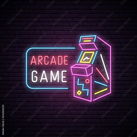 Neon sign of Arcade game machine. Neon entertainment emblem, bright banner. Advertising design ...