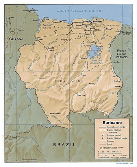 Detailed political and administrative map of Suriname with relief, roads and major cities ...