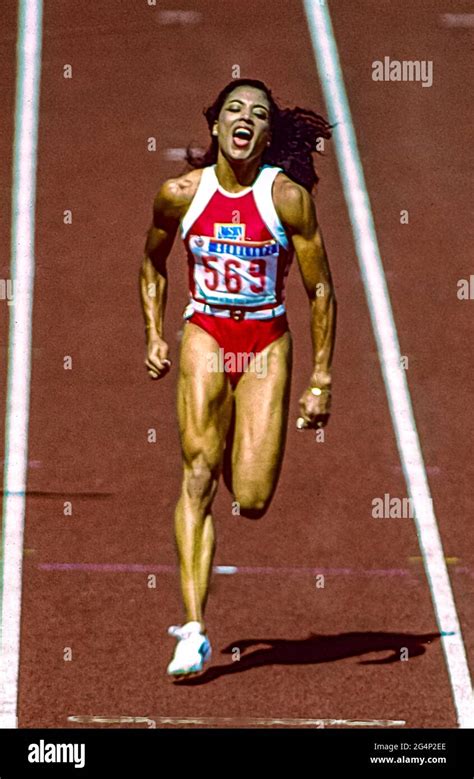 Florence Griffith Joyner (USA) wins the gold medal in the Women's 100m Final at the 1988 Olympic ...