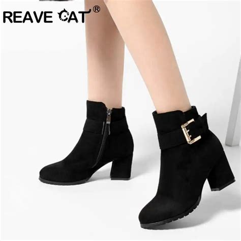 REAVE CAT Boots Women High Heel Boots Pointed Toe Ankle Boots Zip Cow ...