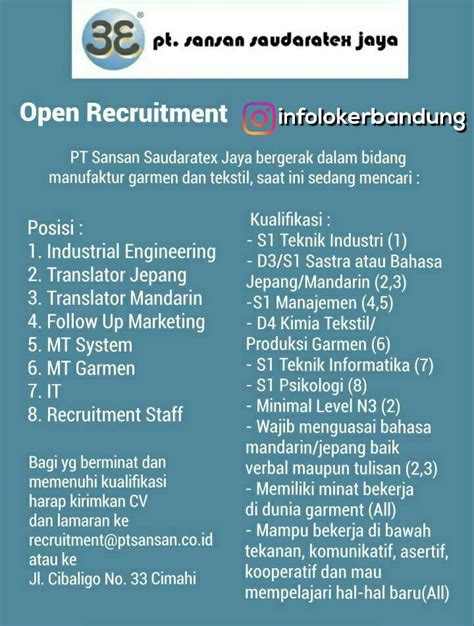 Lowongan Kerja PT. Sansan Saudaratex Jaya - Info Loker Bandung Terbaru 2023