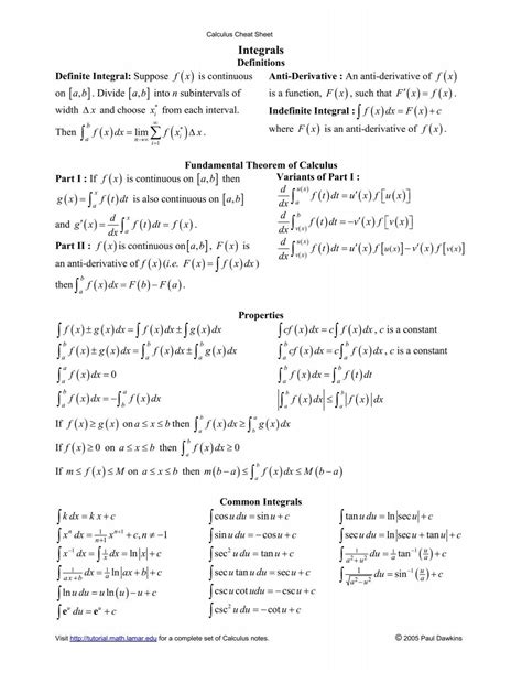 Integrals Cheat Sheet - Pauls Online Math Notes