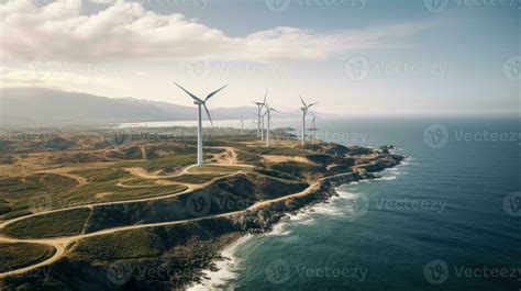 Aerial view of windmill park in the ocean with wind turbine. Generative ...