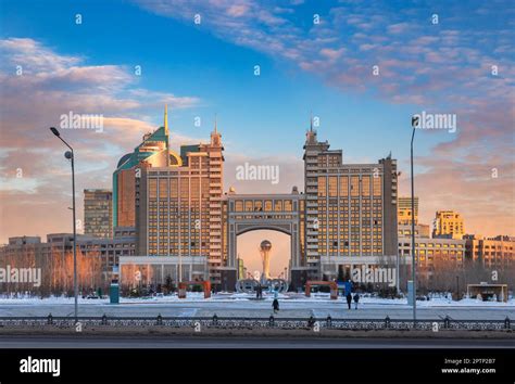 Astana winter cityscape with KazMunayGas oil and gas company of Kazakhstan headquarters and ...