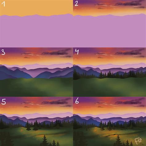 four different views of mountains and trees at sunset