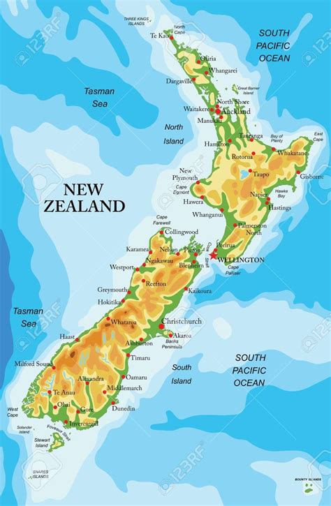 Highly detailed physical map of New Zealand,in vector format,with all the relief forms and big ...