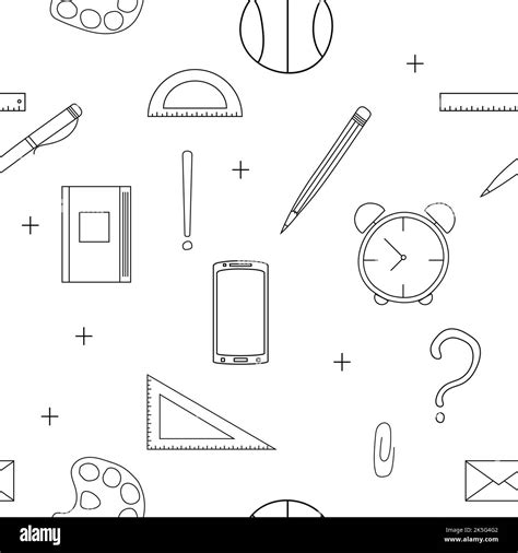 Doodle hand drawn seamless pattern on a school theme. White background with icon set school ...