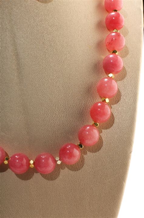 Pink Jade 12mm Round Necklace with Bali Style Gold Spacer | Etsy