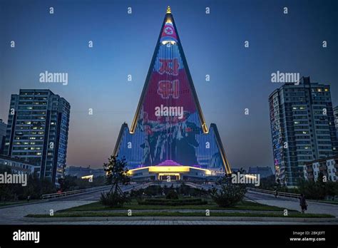 North Korea, Pyongyang, Ryugyong Hotel at night Stock Photo - Alamy