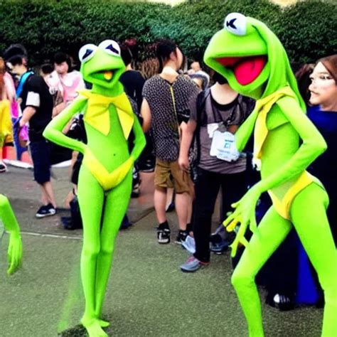 kermit the frog cosplayers at a cosplay meet up in a | Stable Diffusion