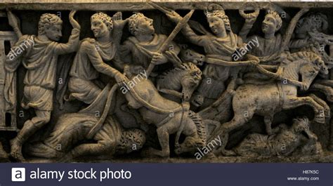 Roman sarcophagus. Oenomaus and Pelops. 4th century AD. Relief Stock ...