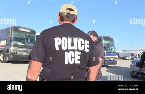 ICE officer waiting for immigrants to board buses for deportation to ...