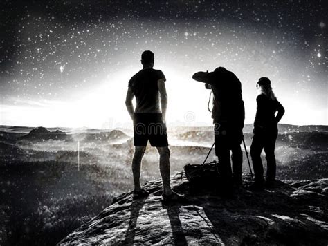 Three Photographers Taking Pictures of Starry Sky on High Mountain Stock Image - Image of female ...