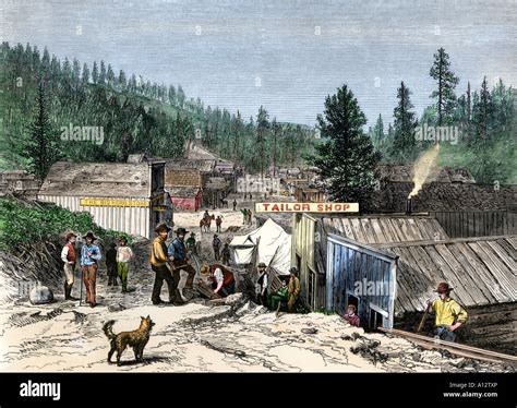 Deadwood City South Dakota during the Black Hills gold rush 1870s. Hand-colored woodcut Stock ...
