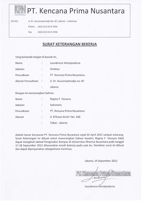 Contoh Surat Keterangan Kerja Untuk Kuliah - Contoh Surat