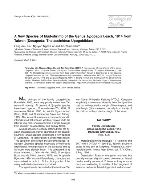 (PDF) A New Species of Mud-shrimp of the Genus Upogebia Leach, 1814 from Taiwan (Decapoda ...