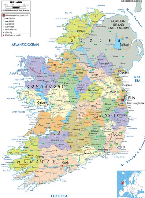 Large detailed political and administrative map of Ireland with all cities, roads and airports ...