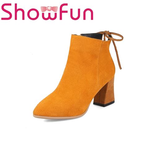 Showfun genuine leather shoes woman winter solid ankle pointed toe zipper narrow band square ...