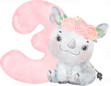 Watercolor Illustration of a Cute and Cheerful Baby Rhinoceros Wearing a Flower Crown with a ...