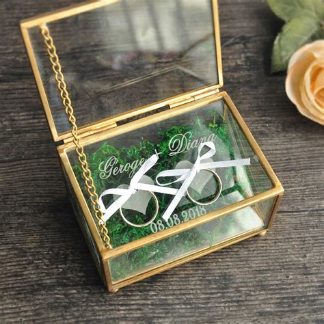 Rustic Wedding Ring Bearer Box Geometric Ring Holder Box, Personalized Wedding Ring Box Glass-in ...