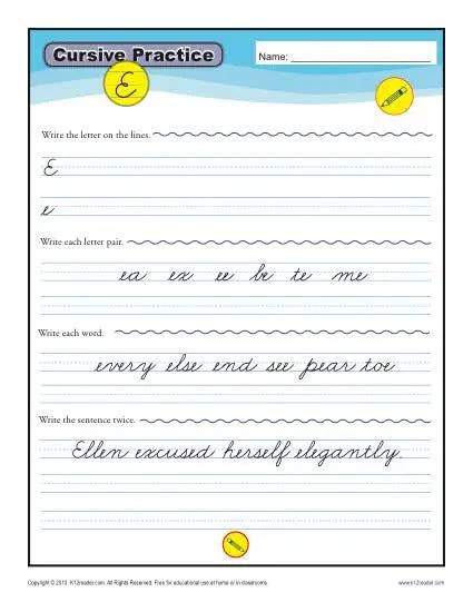 Cursive E - Letter E Worksheets for Handwriting Practice