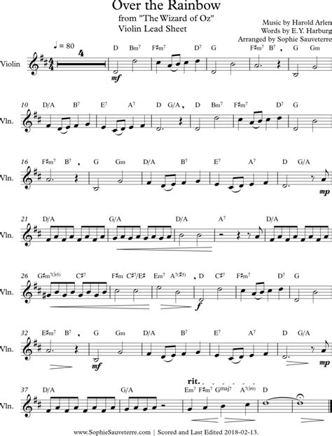 Over the Rainbow from “The Wizard of Oz” – Violin Lead Sheet / Sheet ...