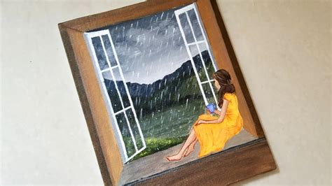 Girl sitting on window in the rain scenery drawing & Painting || Easy rainy season scenery ...