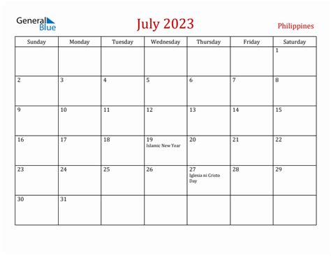 July 2023 Monthly Calendar with Philippines Holidays