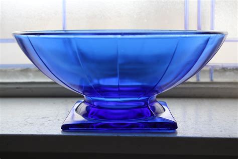 Vintage Art Deco Cobalt Blue Glass Ribbed Pedestal Bowl