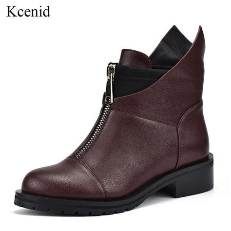 Kcenid Winter casual shoes for women round toe front zipper boots PU motorcycle women ankle ...