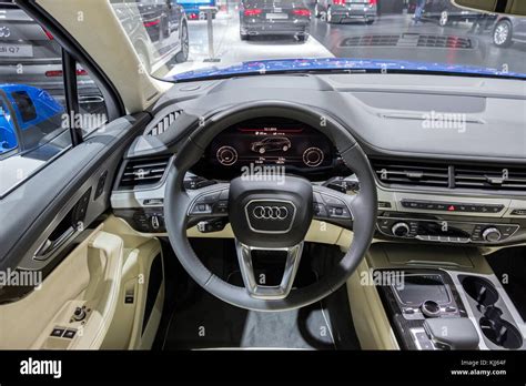 BRUSSELS - JAN 12, 2016: Audi Q7 car interior dashboard view at the ...