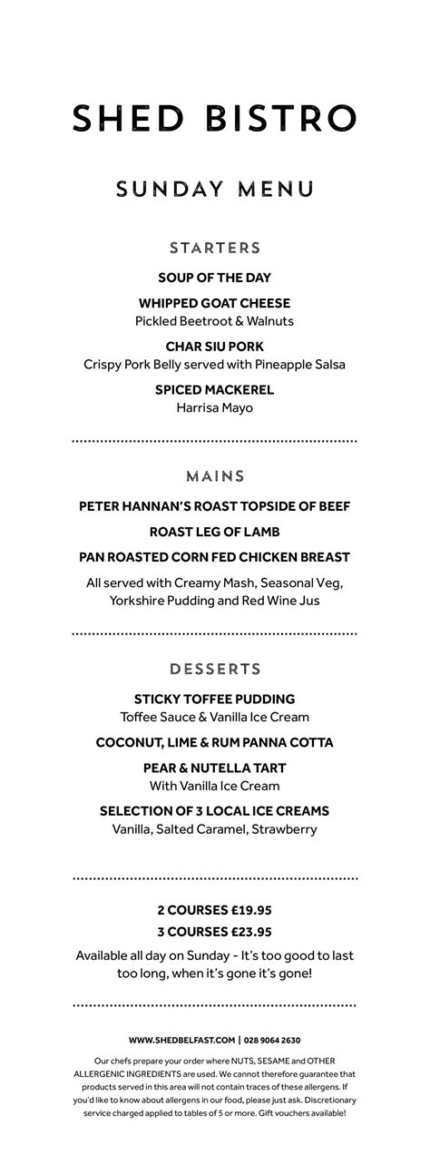 Shed Sunday Menu (Sept 2019) v2 | Shed Belfast Bistro