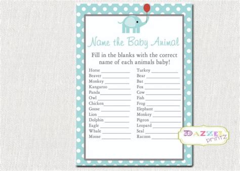 Elephant Baby Shower Name the Baby Animal, Baby Boy Blue Shower Name ...