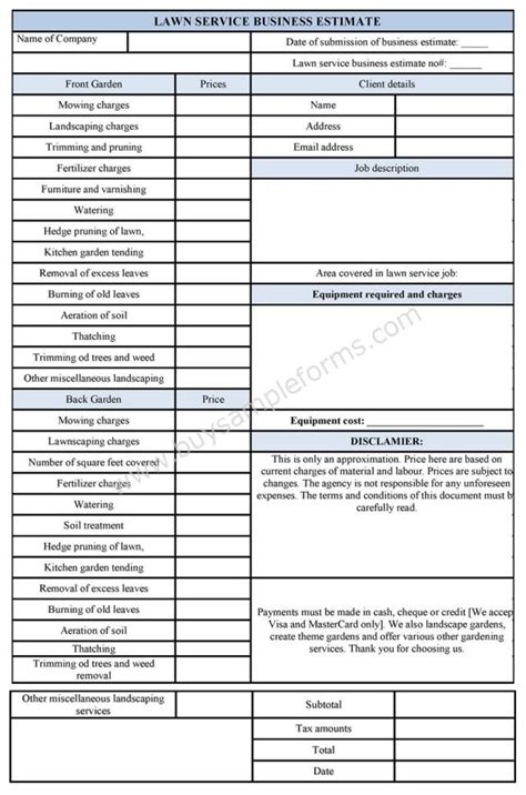 Lawn Care Estimate Form - FREE DOWNLOAD - Aashe