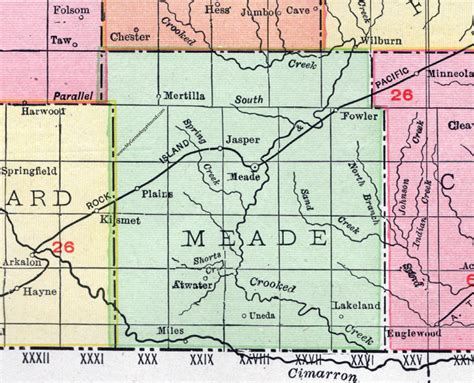 Meade County, Kansas, 1911, Map, Meade City, Fowler, Plains