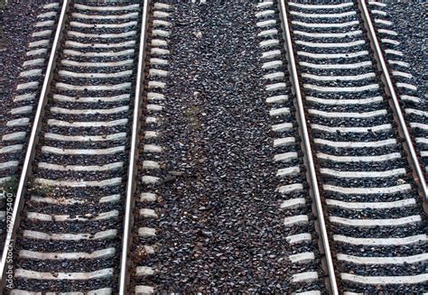 Parallel railroad tracks viewed from above. two ways. Stock Photo ...