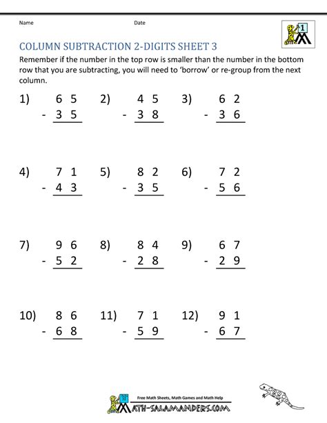 2 Digit Subtraction Worksheets