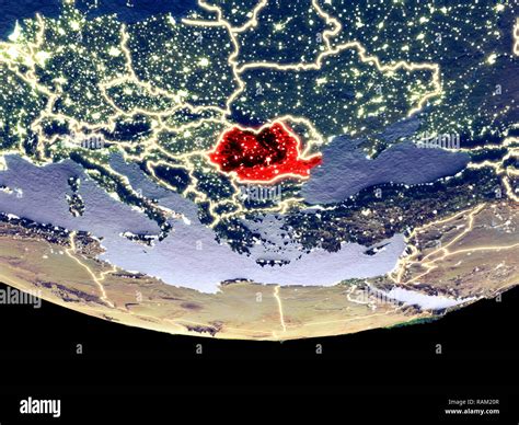 Satellite view of Romania from space at night. Beautifully detailed ...