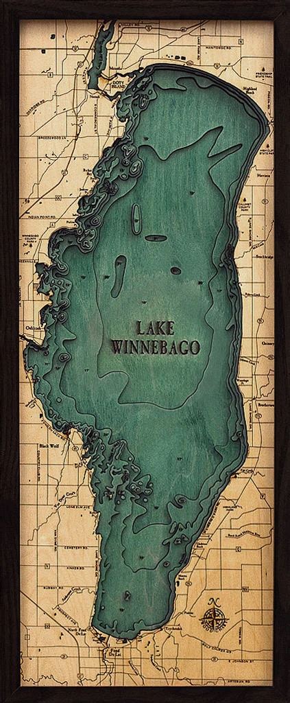 Lake Winnebago Wood Carved Topographic Depth Chart / Map